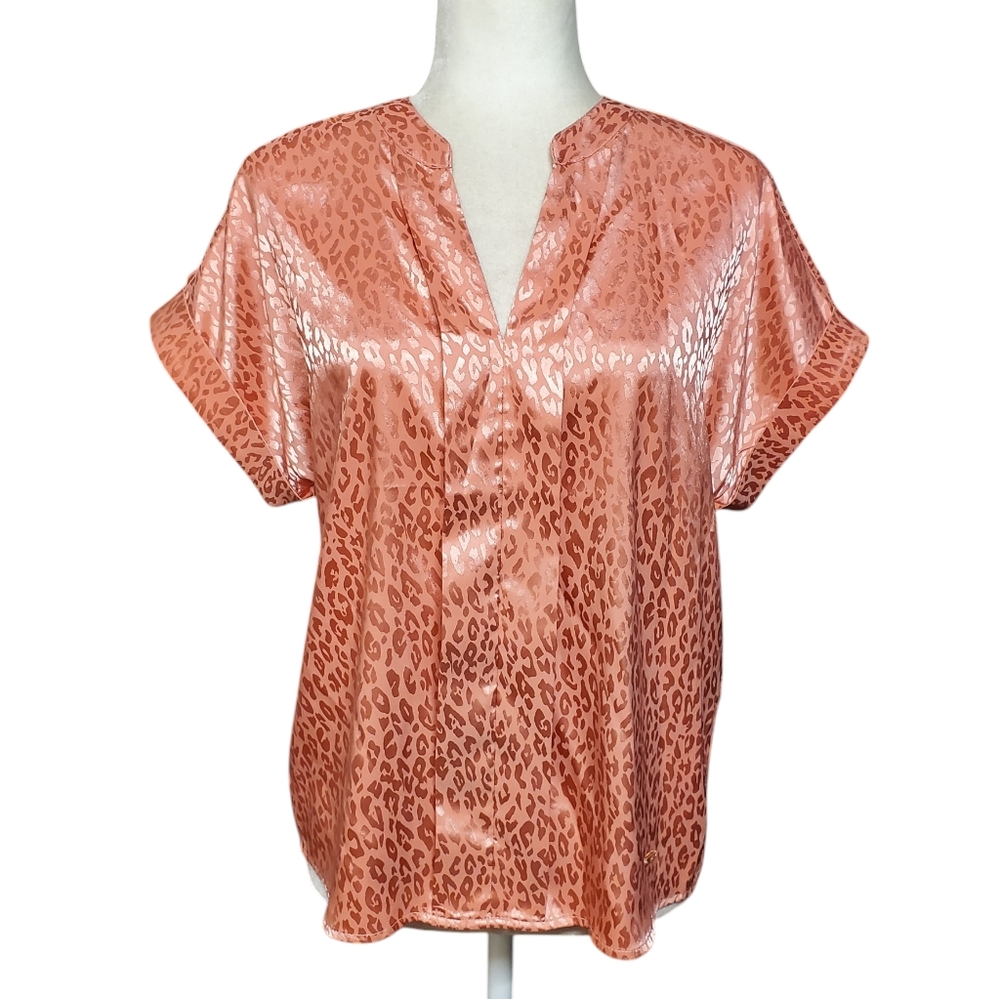 Nine West Satin Blouse Womens XLarge Leopard Print Batwing Sleeve V-neck
